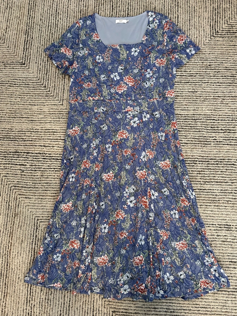 Cotton Traders Size 16 Blue Floral Short Sleeve A-Line Dress Coquette Garden